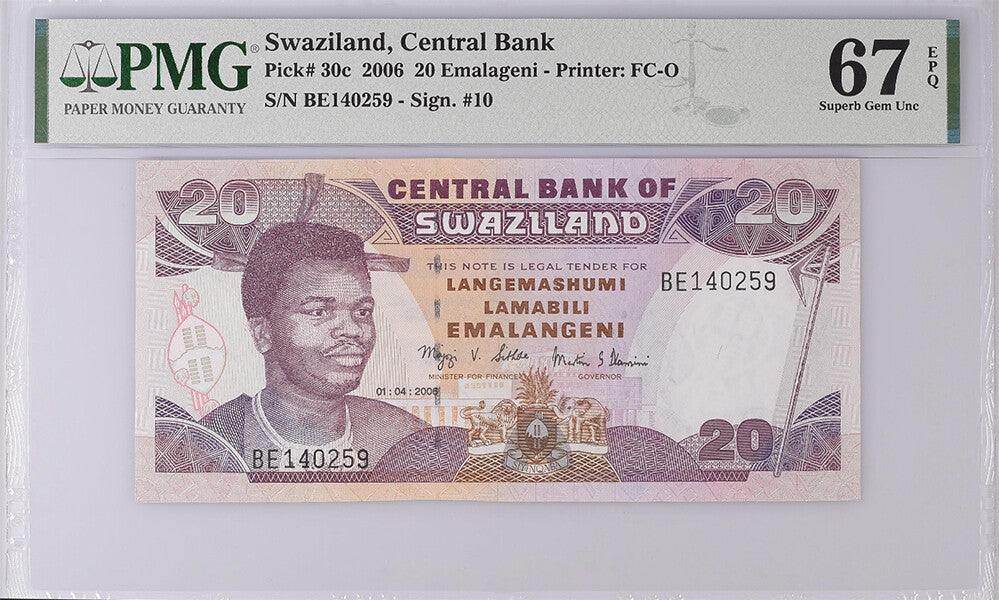 Swaziland 20 Emalangeni 2006 P 30 c Superb Gem UNC PMG 67 EPQ