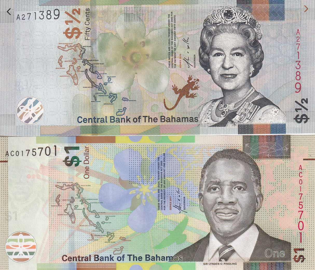 Bahamas Set 2 UNC 1/2 1 Dollar 2017 2019 P 76Aa P 77