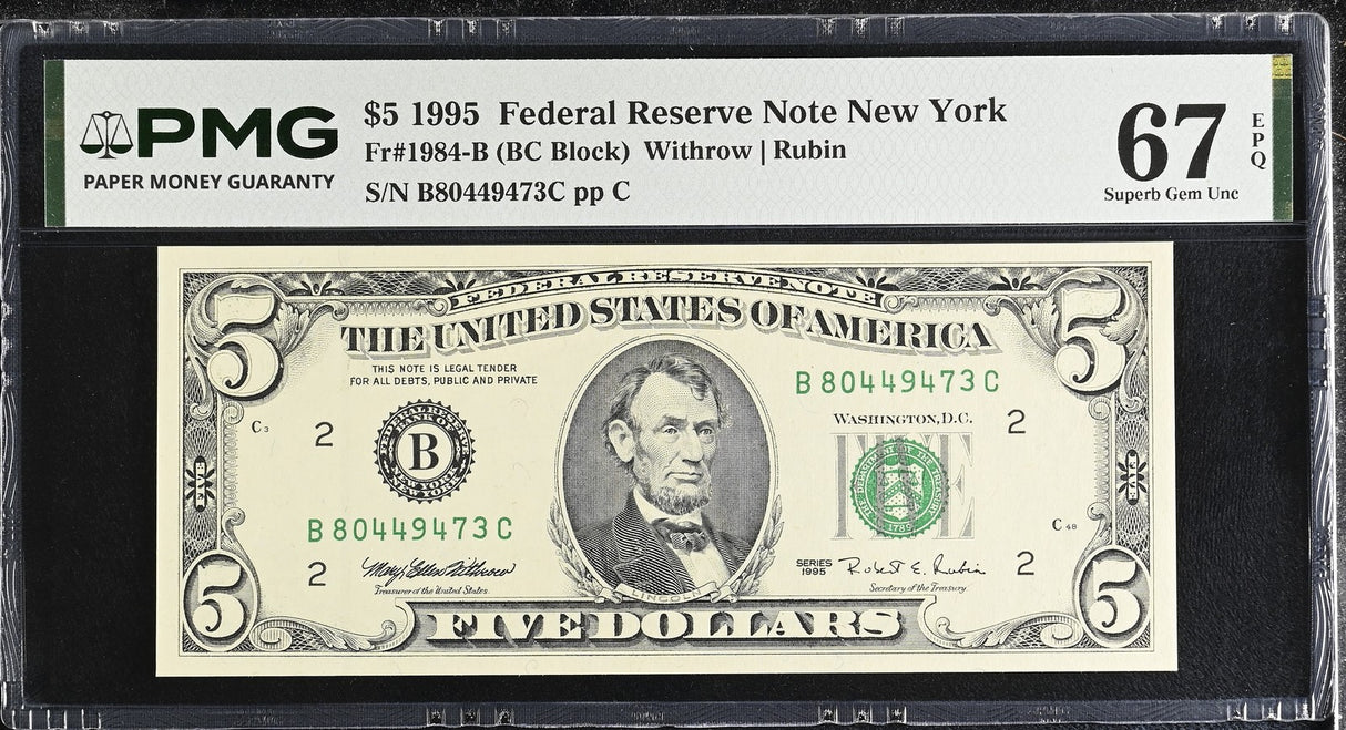 United States 5 Dollars Usa 1995 P 498 B New York Superb Gem UNC PMG 67 EPQ