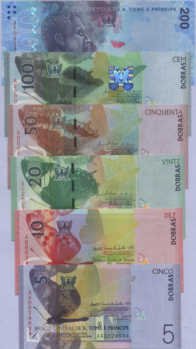 Saint Thomas & Prince Set 6 UNC 5-100 200 Dobras 2016-20/2021 P 72-78 All Paper