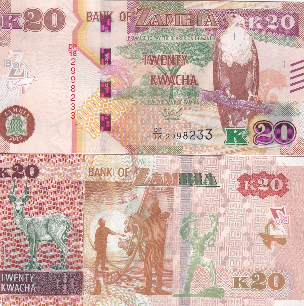 Zambia 20 Kwacha 2018 P 59 UNC Fish eagle tree Black Lechwe antelope workers