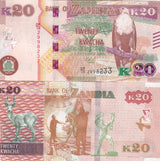 Zambia 20 Kwacha 2018 P 59 UNC Fish eagle tree Black Lechwe antelope workers