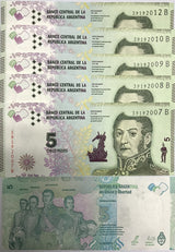 Argentina 5 Pesos 2015 SERIES B P 359 UNC LOT 5 PCS