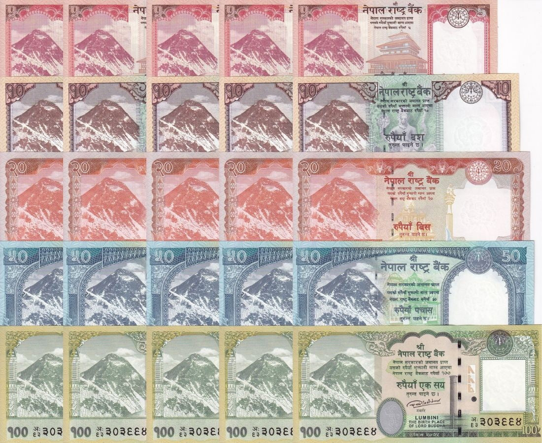 Nepal Set 5 X LOT 5 SET=25 UNC 5 10 20 50 100 Rupees Random Date P 76 77-80