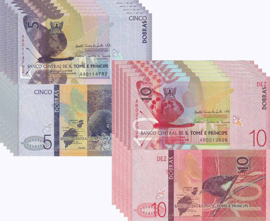 Saint Thomas & Prince Set 2 UNC 5 10 Dobras 2020/2021 P 76 77 Lot 5 Sets 10 Pcs