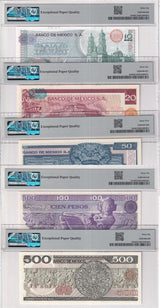 Mexico SET 5 PCS 10 20 50 100 500 Pesos 1977-84 P 63 64-79 Gem UNC PMG 65 66 EPQ