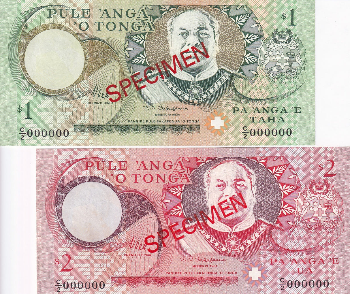 Tonga Set 2 UNC 1 2 Pa'anga ND 1995 P 31 P 32 SPECIMEN UNC