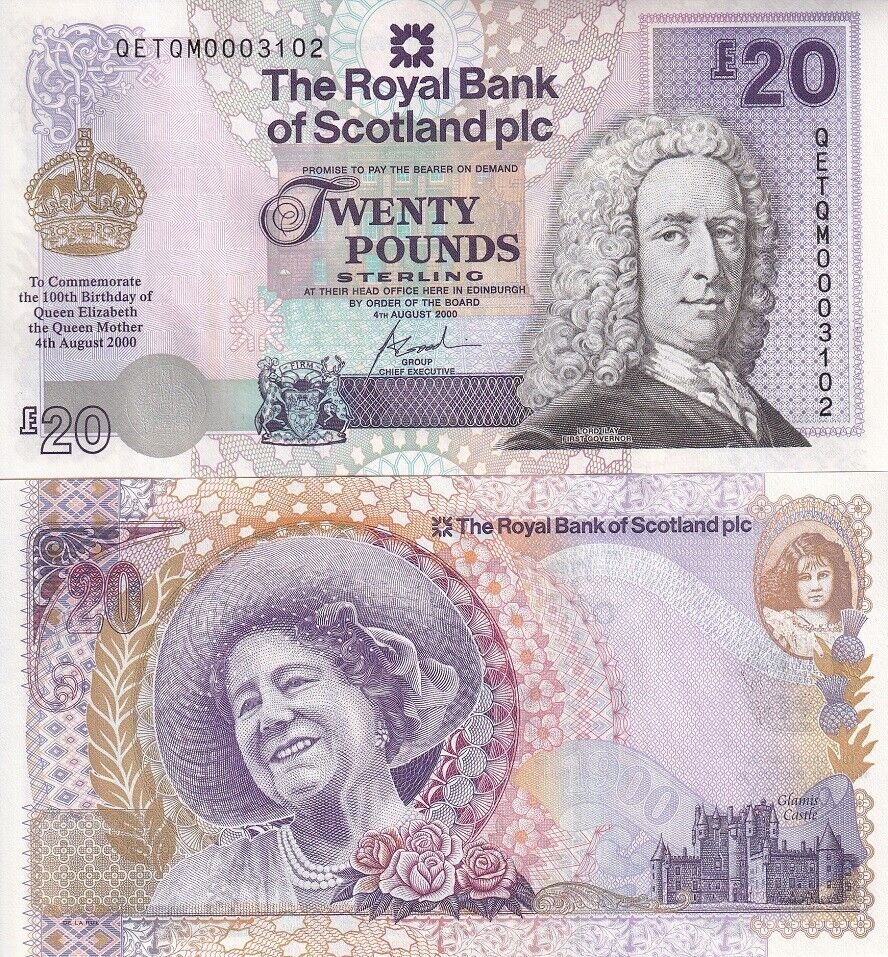 Scotland 20 Pound 2000 P 361 Commemorative 100th Queen Mother UNC