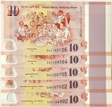 Singapore SET 5 PCS; 10 Dollar 2015 Commemorative P 56 57 58 56 60 UNC