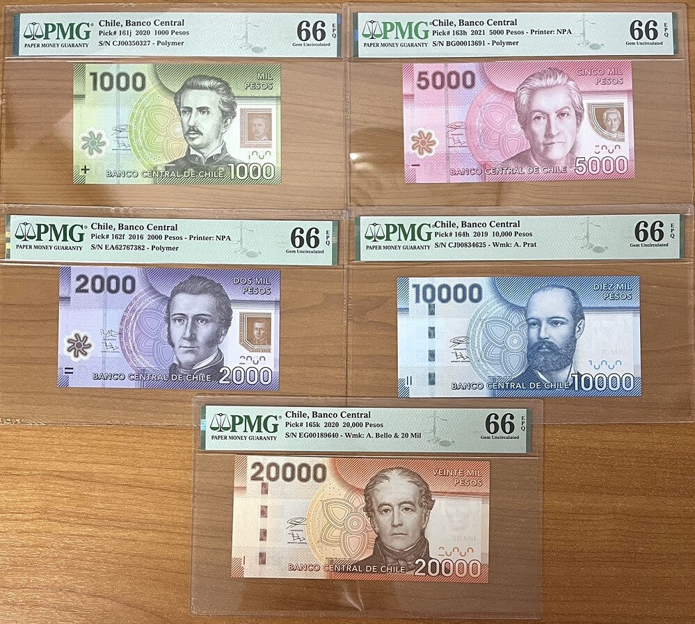 Chile Set 5; 1000-5000 10K 20K Pesos 2016-2021 P 161- P 165 Gem UNC PMG 66 EPQ