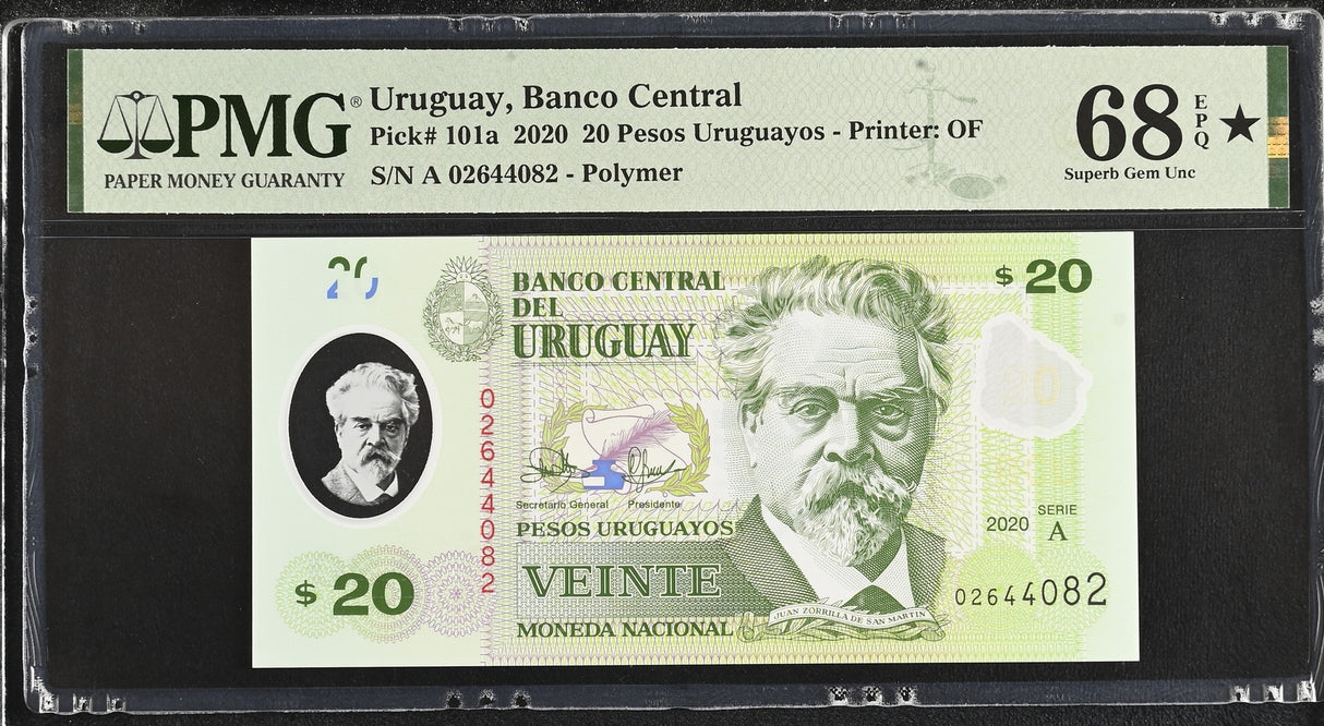 Uruguay 20 Pesos 2020 P 101 a Superb Gem UNC PMG 68 EPQ Extra Star