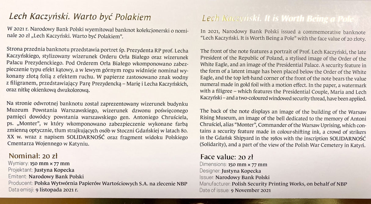 Poland 20 Zlotych Lech Kaczynski Comm. P 195 UNC With Folder 2021