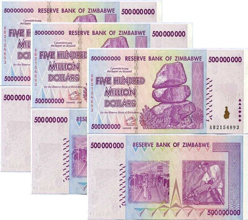 Zimbabwe 500 Million Dollars 2008 P 82 UNC LOT 3 PCS