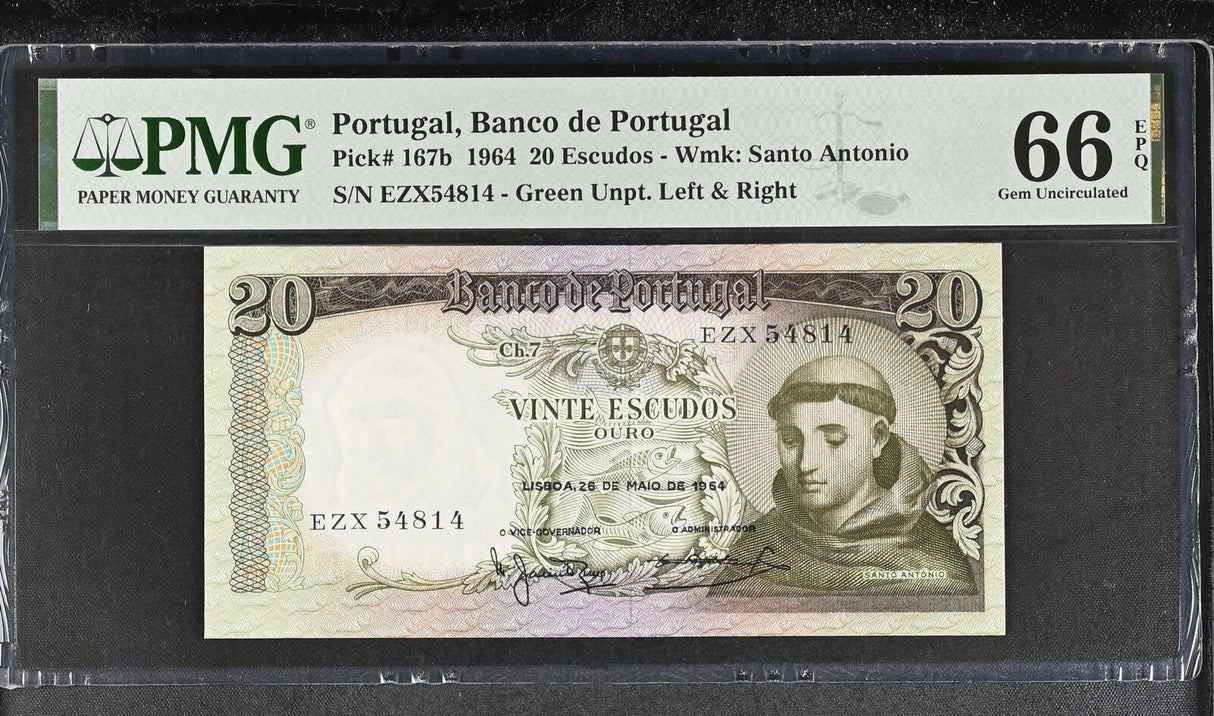 Portugal 20 Escudos 1964 P 167 b Gem UNC PMG 66 EPQ