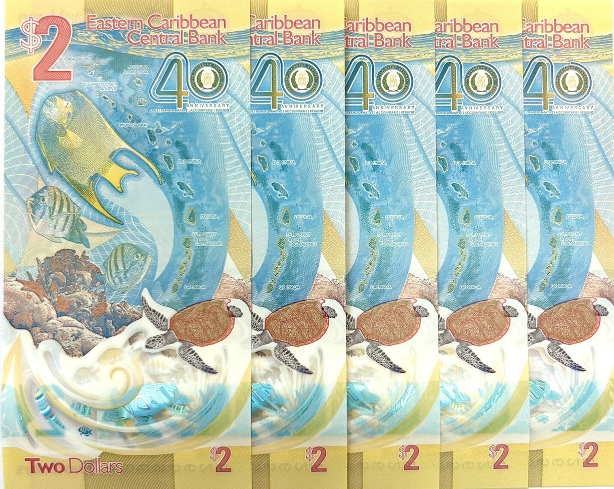 East Caribbean 2 Dollars 2023 2024 40th P 61 Polymer UNC LOT 5 Pcs