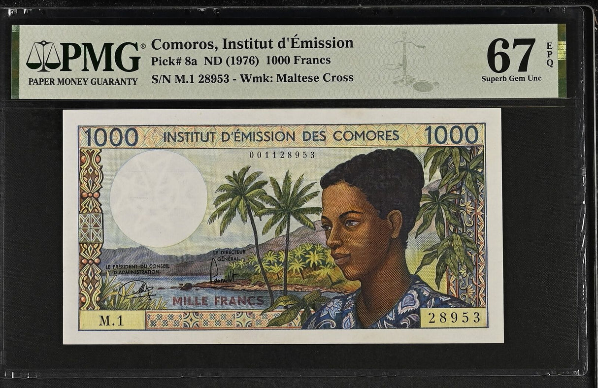 Comoros 1000 Franc ND 1976 P 8 a Superb Gem UNC PMG 67 EPQ