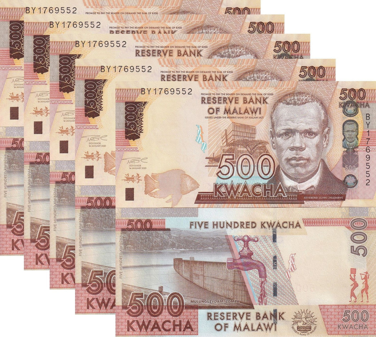 Malawi 500 Kwacha 2021 P 66 UNC LOT 5 PCS