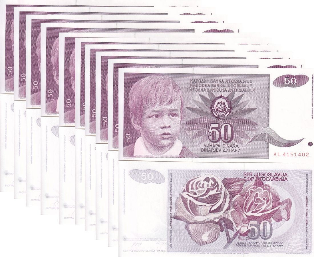 Yugoslavia 50 Dinara 1990 P 104 UNC LOT 10 PCS , Boy , Roses ,Kovanog ,Belgrade