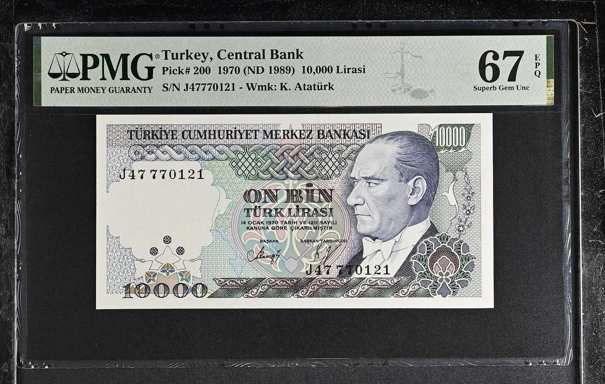 Turkey 10000 Lirasi 1970 ND 1989 P 200 Superb Gem UNC PMG 67 EPQ