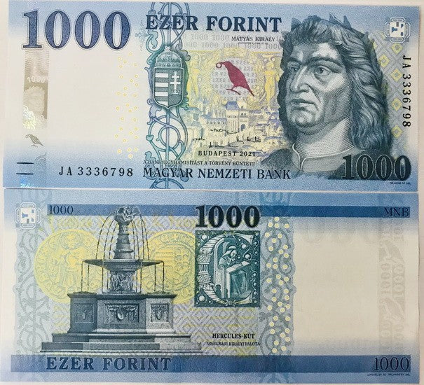 Hungary 1000 Forint 2021 P 203 UNC , King Matyas Hercules , fountain