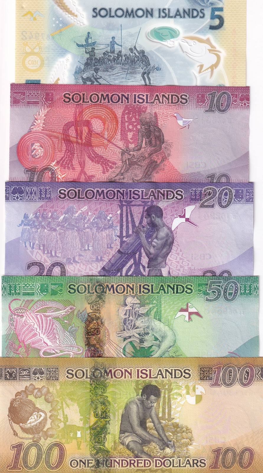 Solomon Islands Set 5 UNC 5 10 20 50 100 Dollars 2013-2023 Polymer P 33-36 38