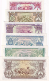 Laos Set 6 Pcs 10 20 50 100 200 500 Kips Random Date P 20 21 22 23 23A 24 AUnc