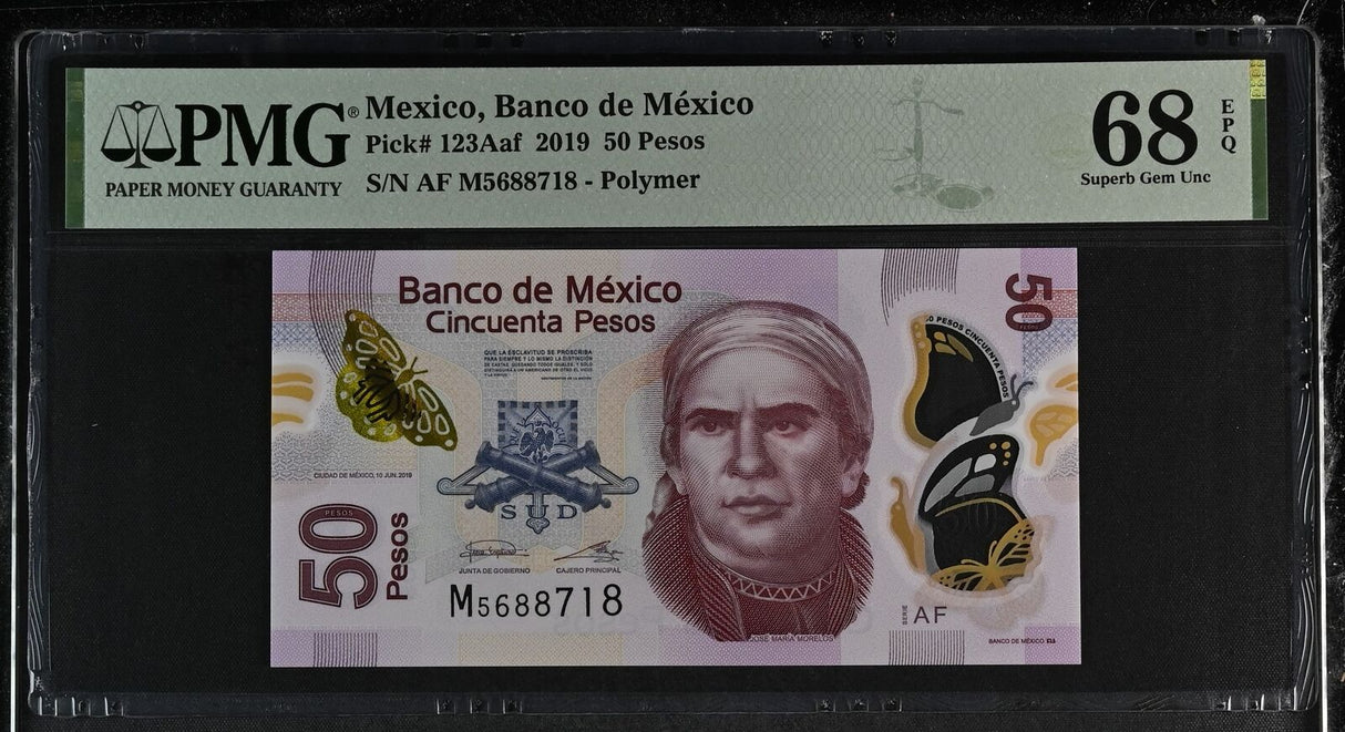 Mexico 50 Pesos 2019 P 123Aaf Series AF Polymer Superb Gem UNC PMG 68 EPQ TOP