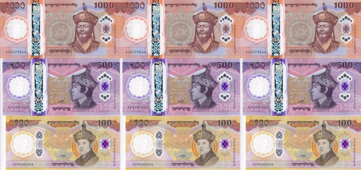 Bhutan SET 3 x 3 LOTs = 9 UNC 100 500 1000 Ngultrum 2025 /2026 Comm. Polymer
