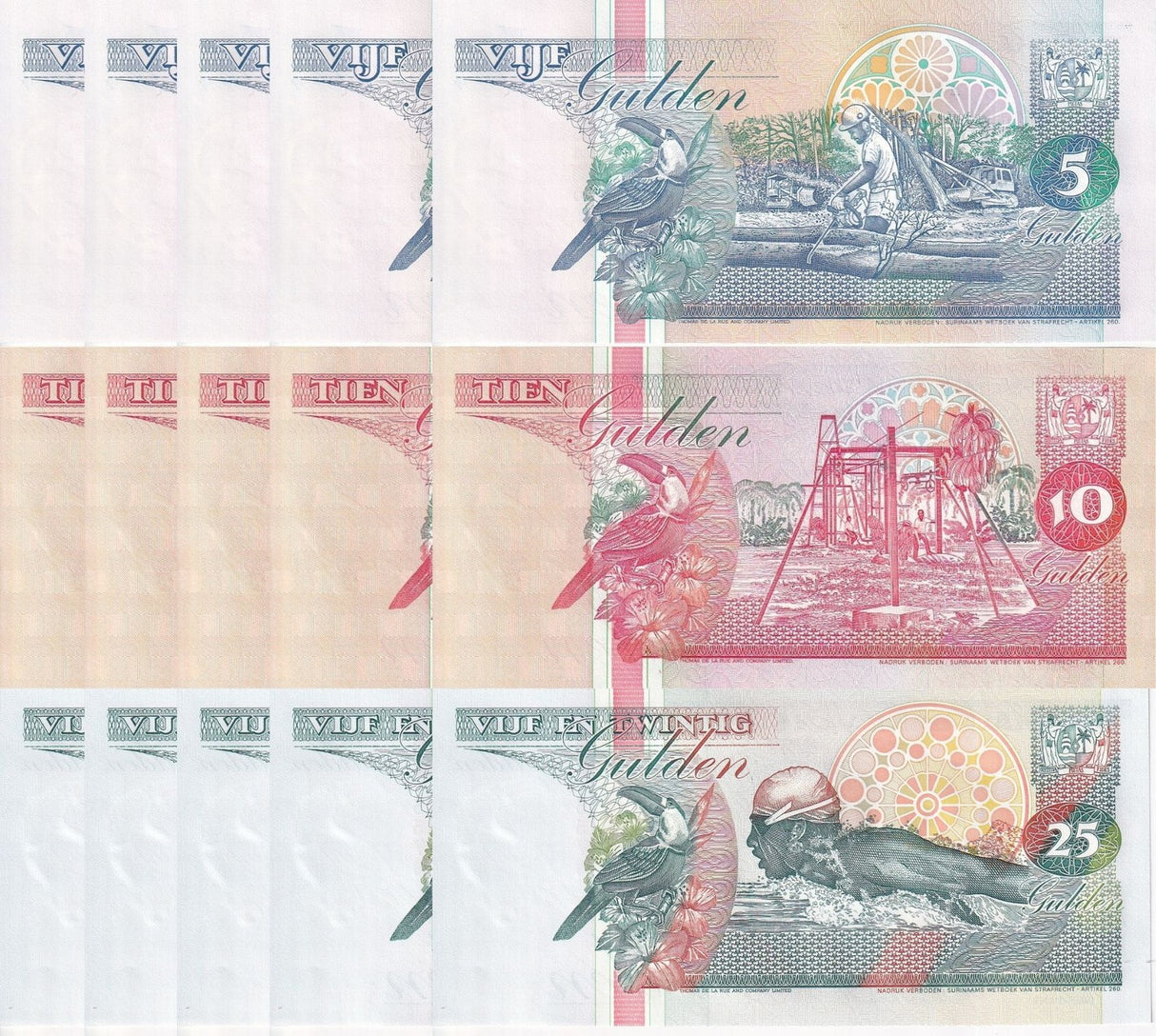 Suriname Set 3 X LOT 5= 15 UNC 5 10 25 Gulden Random Years P 136 137 138