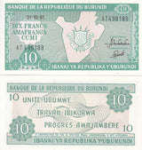 BURUNDI 10 FRANCS 1991 P 33 UNC , Arms, outline of Burundi ,Amafranga