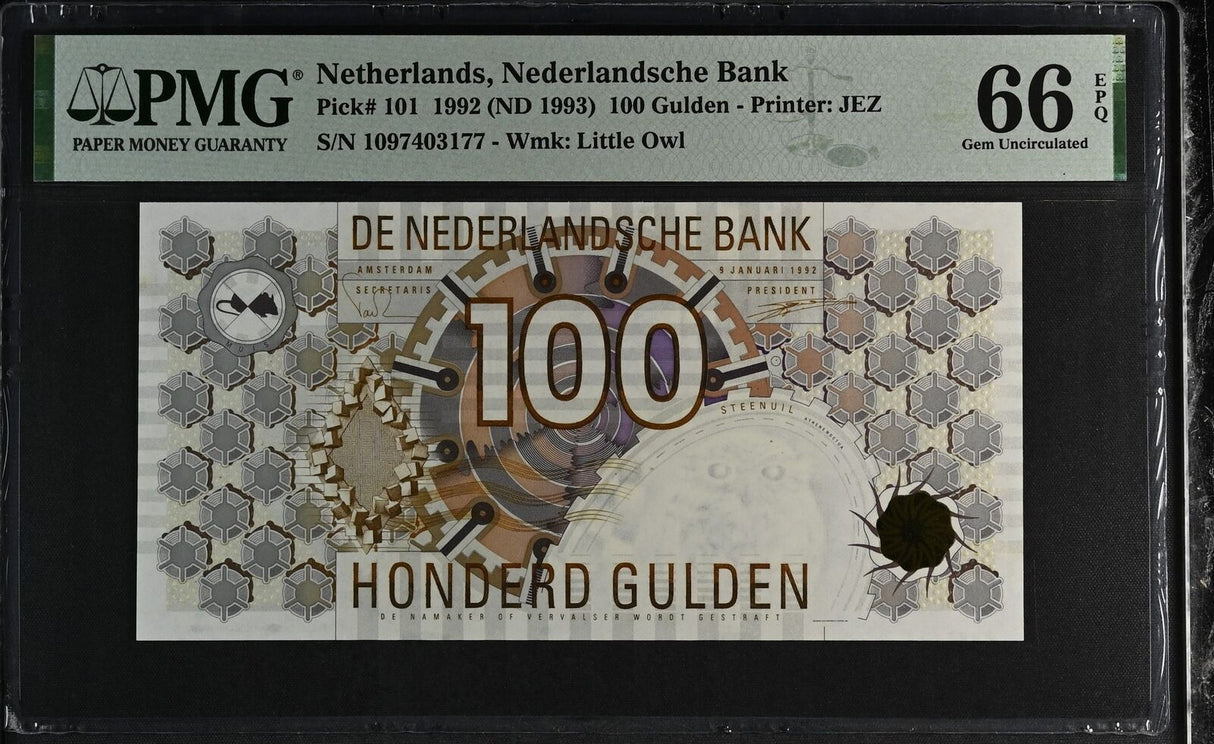 Netherlands 100 Gulden 1992 ND 1993 P 101 Gem UNC PMG 66 EPQ