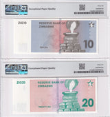 Zimbabwe Set 2; 10 20 ZIG 2024 P 110 P 111 Gem UNC PMG 66 EPQ