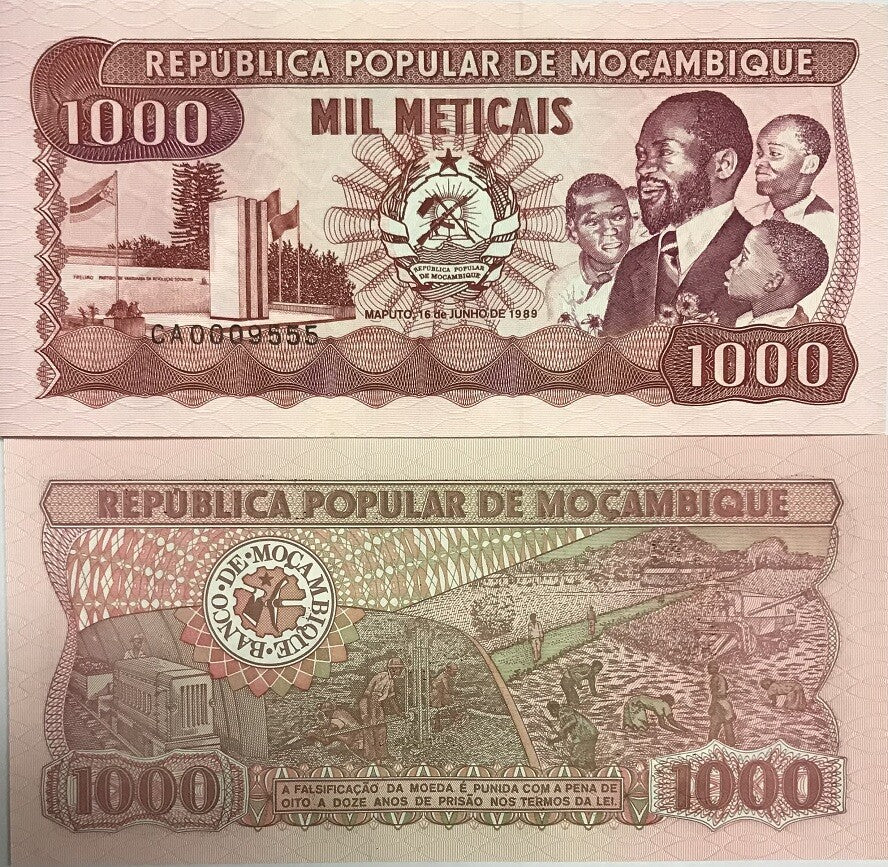 Mozambique 1000 Meticais 1989 P 132 c UNC Mining, rice planting