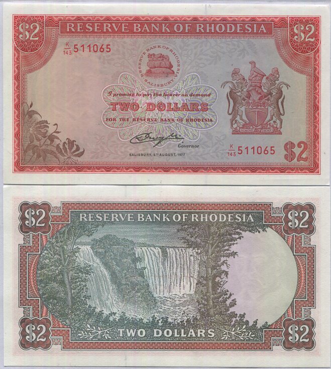 Rhodesia 2 Dollars 1977 P 35 c , Watermark Cecil Rhodes ,Victoria Falls AUnc