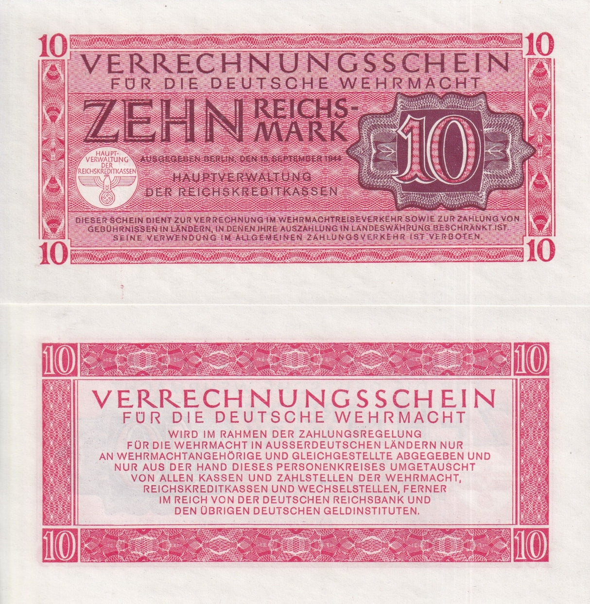 Germany 10 Reichsmark Military 1944 P M40 UNC , Auxiliary payment certificates