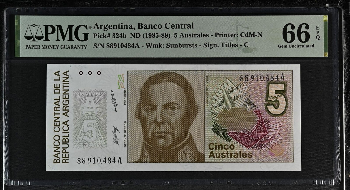 Argentina 5 Australes ND 1985-1989 P 324 b Gem UNC PMG 66 EPQ
