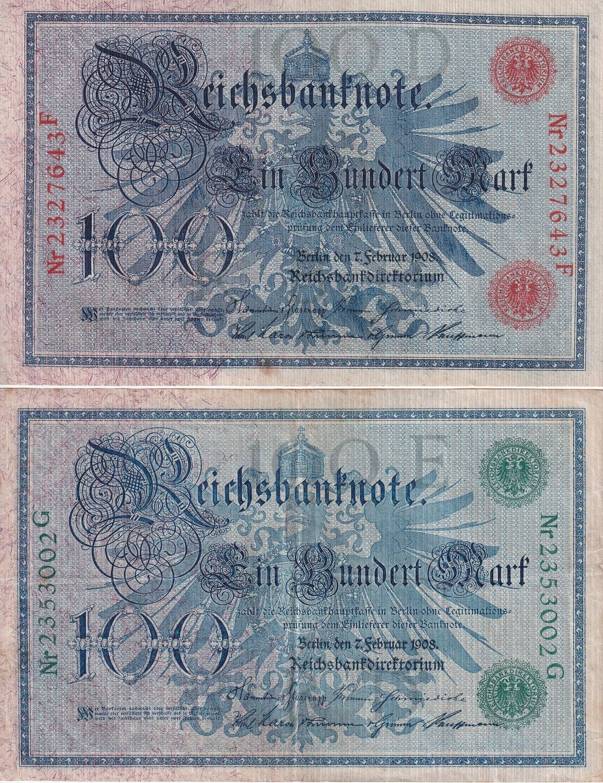 Germany SET 2 , 100 Mark 1908 Green + Red Seal P 33 34 Fine Used Circulated