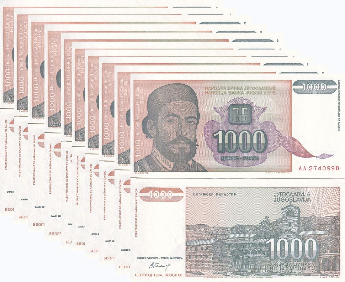 Yugoslavia 1000 Dinara 1994 P 140 UNC LOT 10 PCS