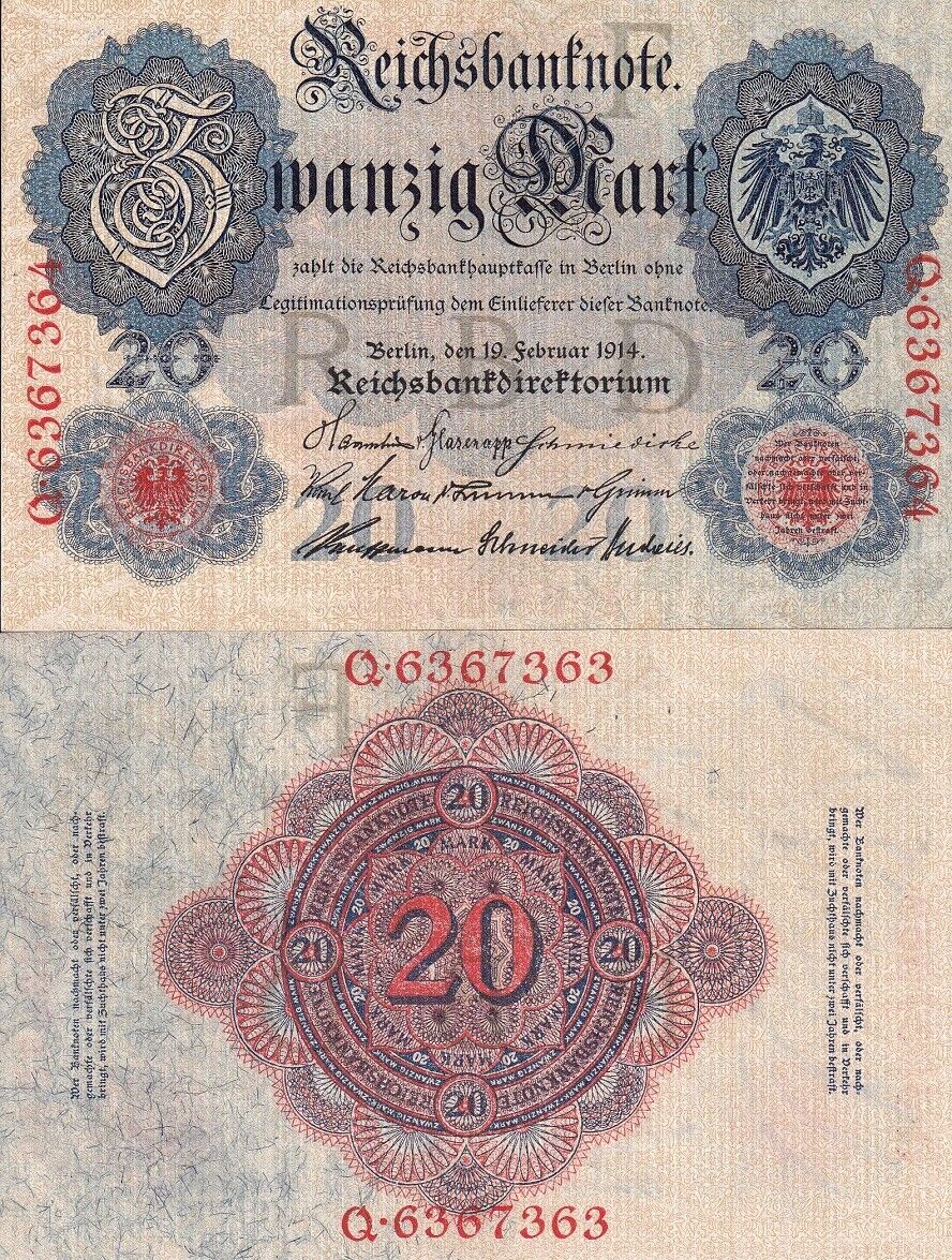 Germany Imperial 20 Mark 1914 P 46 b UNC