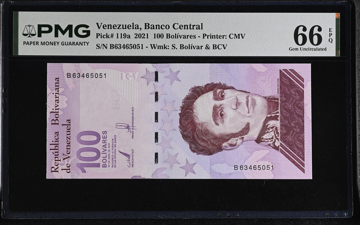 Venezuela 100 Bolivares 2021 P 119 a Gem UNC PMG 66 EPQ , Graded NOTE