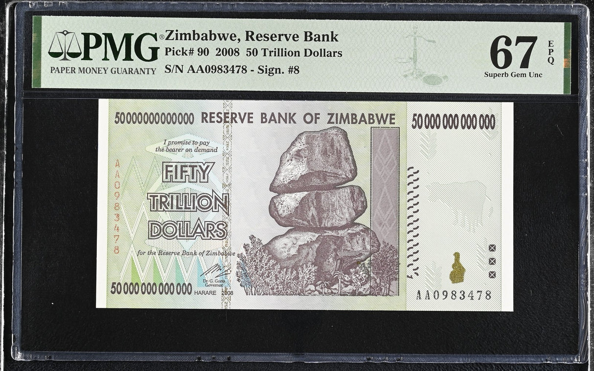 Zimbabwe 50 Trillion Dollars 2008 P 90 Superb Gem UNC PMG 67 EPQ PNB