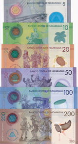 Nicaragua Set 6 UNC 5 10 20 50 100 200 Cordobas 2014-2022 Polymer P 209 -219 UNC