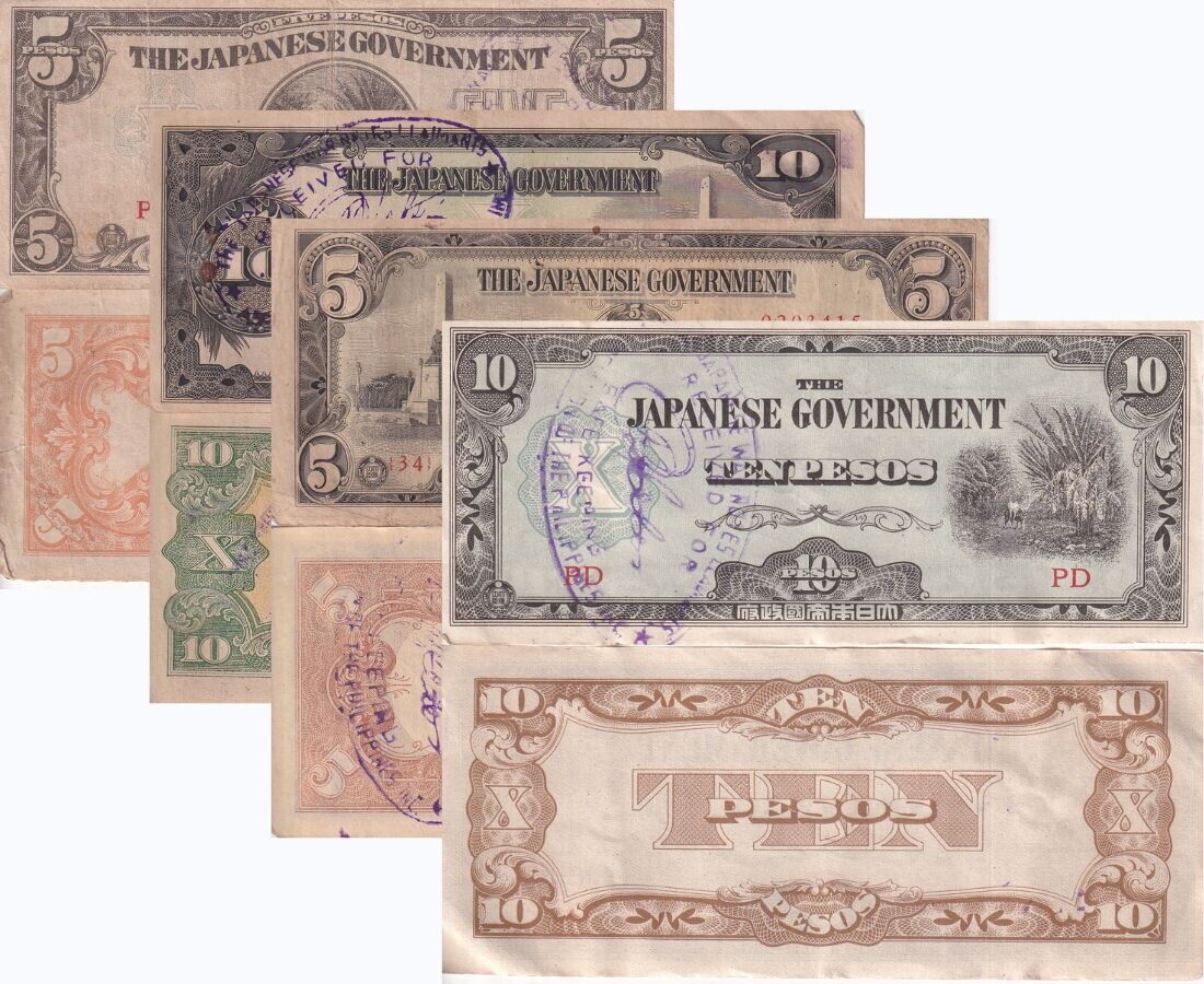 Philippines set 4 5 10 PESOS 1942 WWII Occupation P 107 108 110 111 HEAVY USED