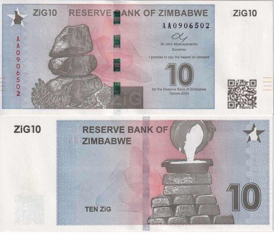 Zimbabwe SET 2 AUnc 10 20 ZiG 2024 P 110 111 AU Gold Reserve Backed With QR Code