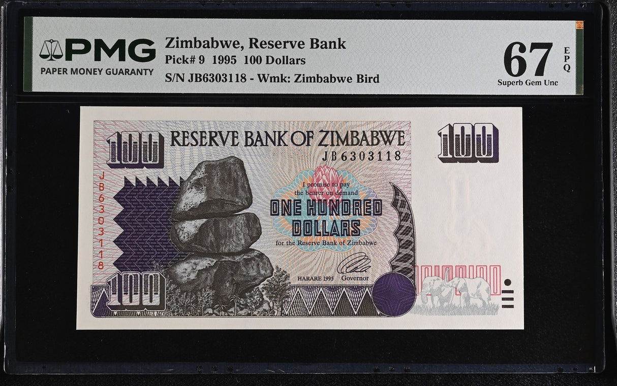 Zimbabwe 100 Dollars 1995 P 9 Superb Gem UNC PMG 67 EPQ , Graded Note