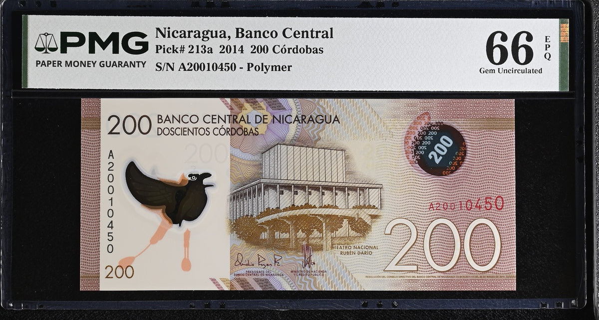 Nicaragua 200 Cordobas 2014 P 213 a Polymer Gem UNC PMG 66 EPQ