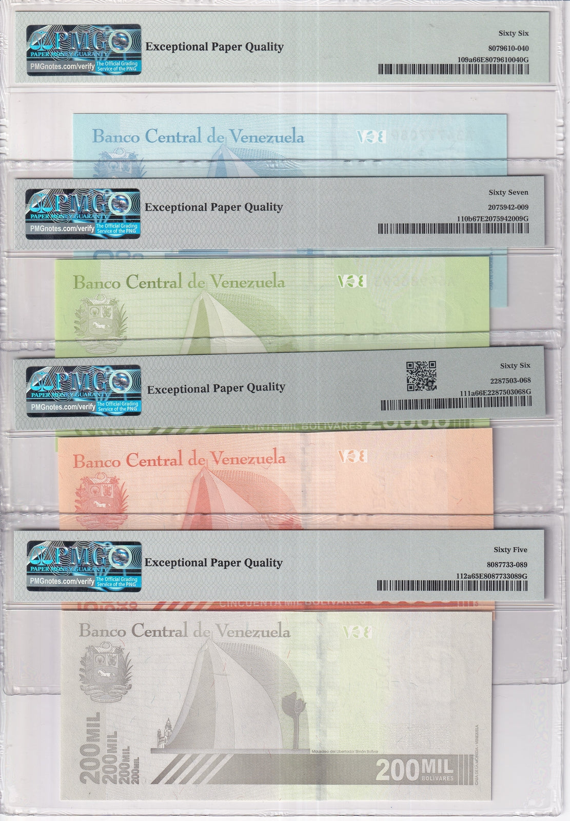 Venezuela Set 4; 10000-50000 200k Bolivares 2020 P 112 Gem UNC PMG 65 66 67 EPQ
