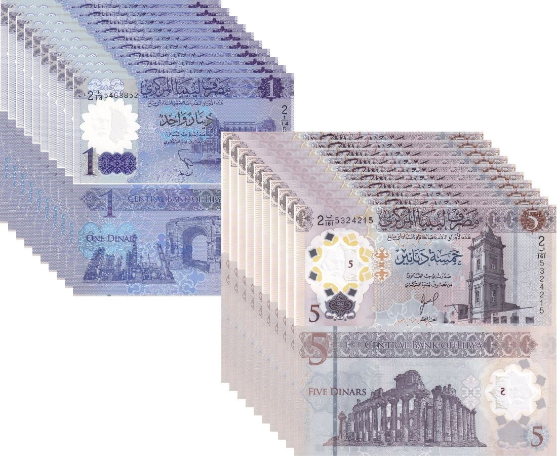 Libya Set 2 X LOT 10 = 20 UNC 1 5 Dinar 2019 2025 P 85 P 86 Polymer UNC