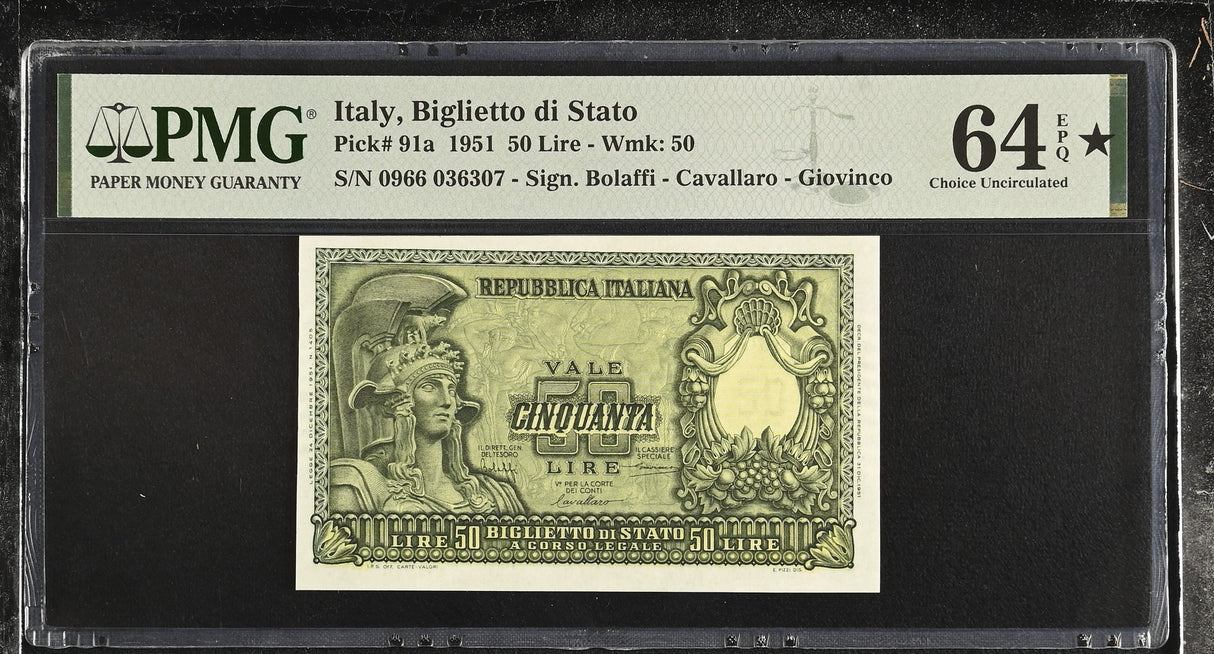 ITALY 50 LIRE 1951 P 91 a Choice UNC PMG 64 EPQ Extra Star