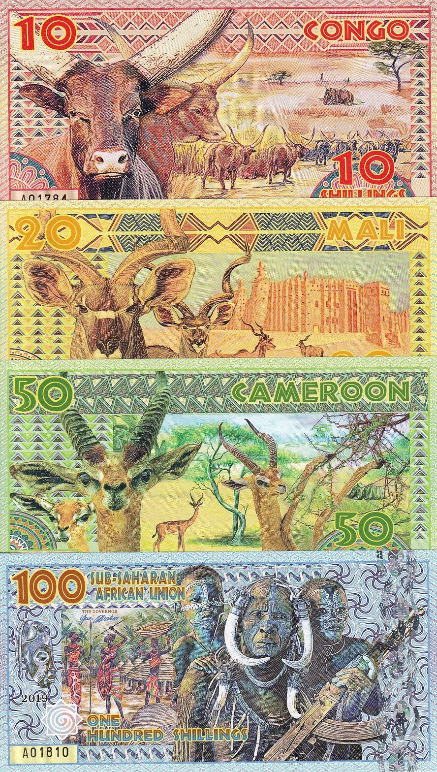 Sub-Saharan African SET 4 FANTASY 10 20 50 100 Shillings 2019 Angola Congo Mali